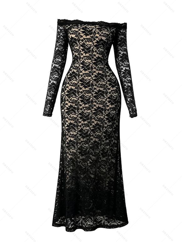 Party Couple Outfit Lace Off Shoulder Long Sleeve Slim Fit Maxi Dress and Long Sleeve Satin Shirt Set - Noir S | US 4