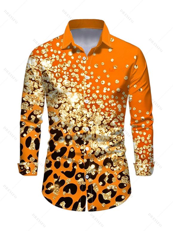 Winter Couple Outfit Ombre Leopard Sequin Print Ruched Turn Down Collar Button Up Bodycon Shirt Dress and Long Sleeve Shirt Set - Orange Foncé S | US 4
