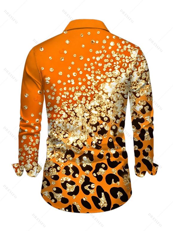 Winter Couple Outfit Ombre Leopard Sequin Print Ruched Turn Down Collar Button Up Bodycon Shirt Dress and Long Sleeve Shirt Set - Orange Foncé S | US 4
