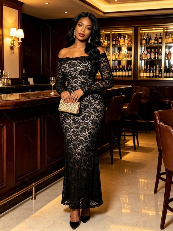 Party Couple Outfit Lace Off Shoulder Long Sleeve Slim Fit Maxi Dress and Long Sleeve Satin Shirt Set - Noir S | US 4