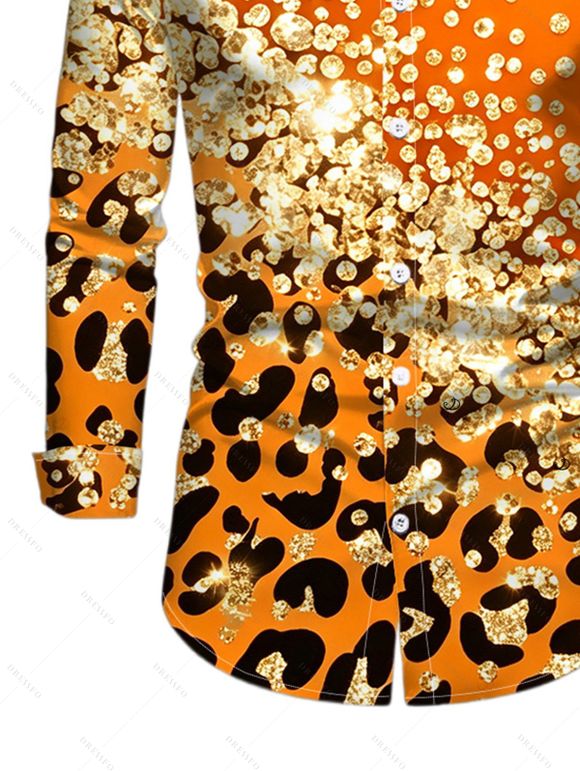 Winter Couple Outfit Ombre Leopard Sequin Print Ruched Turn Down Collar Button Up Bodycon Shirt Dress and Long Sleeve Shirt Set - Orange Foncé S | US 4