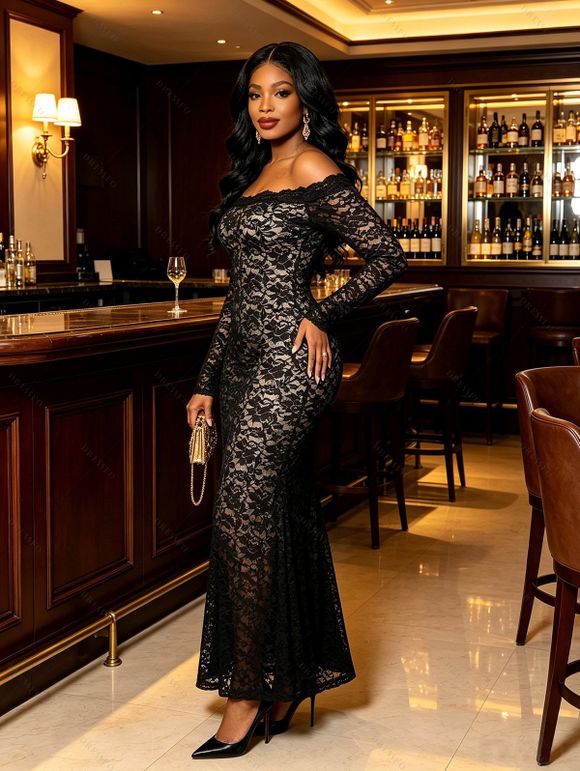 Party Couple Outfit Lace Off Shoulder Long Sleeve Slim Fit Maxi Dress and Long Sleeve Satin Shirt Set - Noir S | US 4