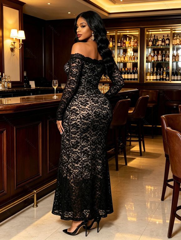 Party Couple Outfit Lace Off Shoulder Long Sleeve Slim Fit Maxi Dress and Long Sleeve Satin Shirt Set - Noir S | US 4