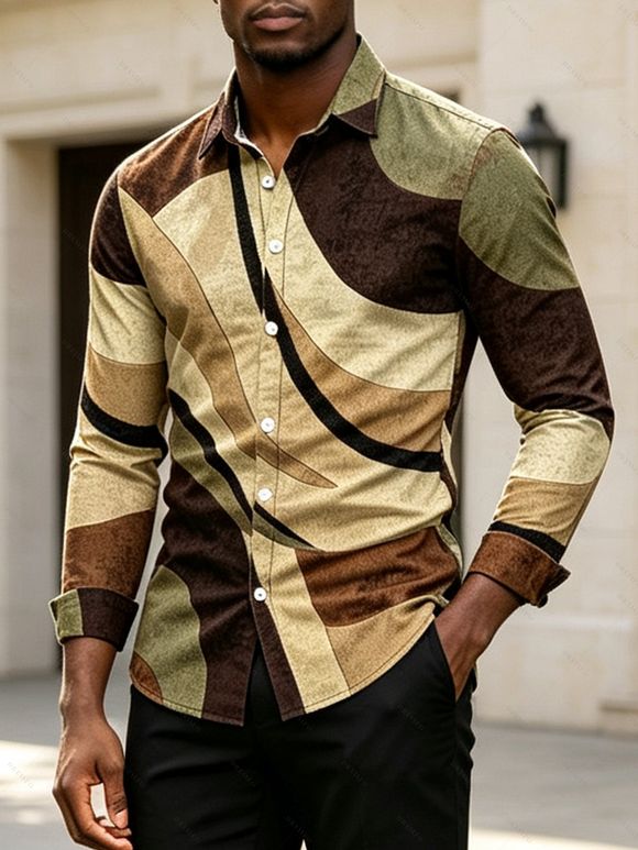 Vintage Couple Outfit Colorblock Geometric Diagonal Stripe Print Skew Neck Mesh Bodycon Dress and Long Sleeve Shirt Set - Brun S | US 4