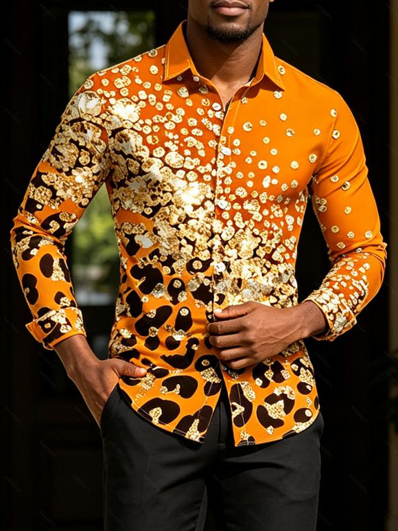 Winter Couple Outfit Ombre Leopard Sequin Print Ruched Turn Down Collar Button Up Bodycon Shirt Dress and Long Sleeve Shirt Set - Orange Foncé S | US 4