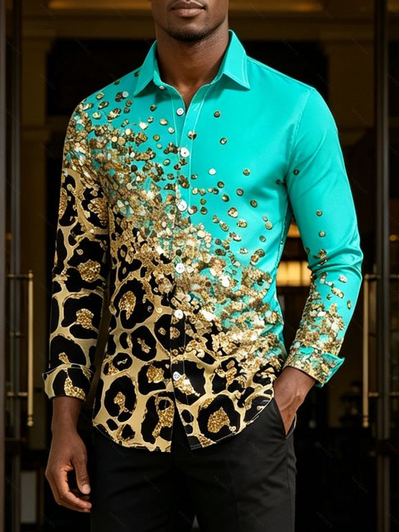 Winter Couple Outfit Ombre Leopard Sequin Print Ruched Turn Down Collar Button Up Bodycon Shirt Dress and Long Sleeve Shirt Set - Turquoise S | US 4