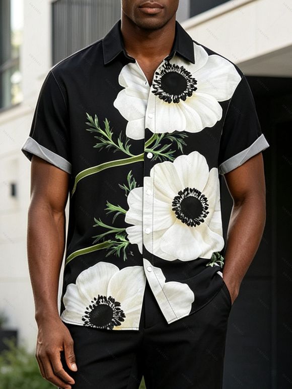 Vintage Couple Outfit Floral Print Mesh Panel Bodycon Maxi Dress and Short Sleeve Shirt Set - Noir S | US 4
