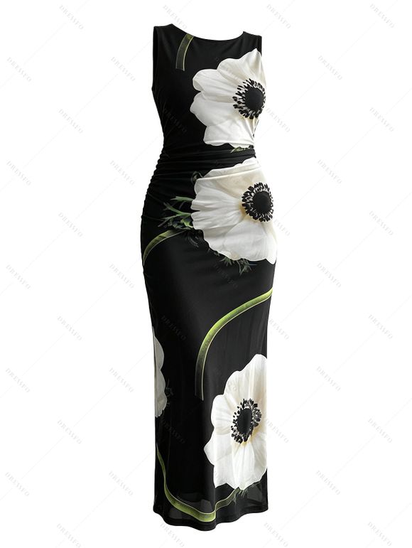 Vintage Couple Outfit Floral Print Mesh Panel Bodycon Maxi Dress and Short Sleeve Shirt Set - Noir S | US 4