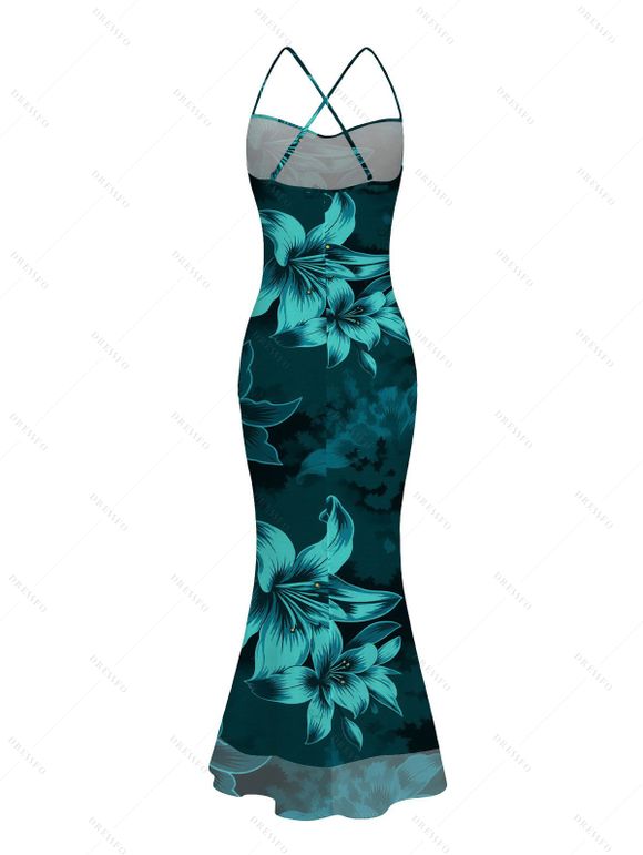 Hawaiian Vacation Dress Lily Floral Print Crisscross Ruched Mesh Bodycon Dress - Turquoise Foncée XL | US 12