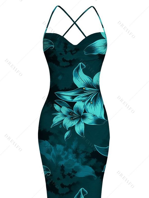 Hawaiian Vacation Dress Lily Floral Print Crisscross Ruched Mesh Bodycon Dress - Turquoise Foncée XL | US 12