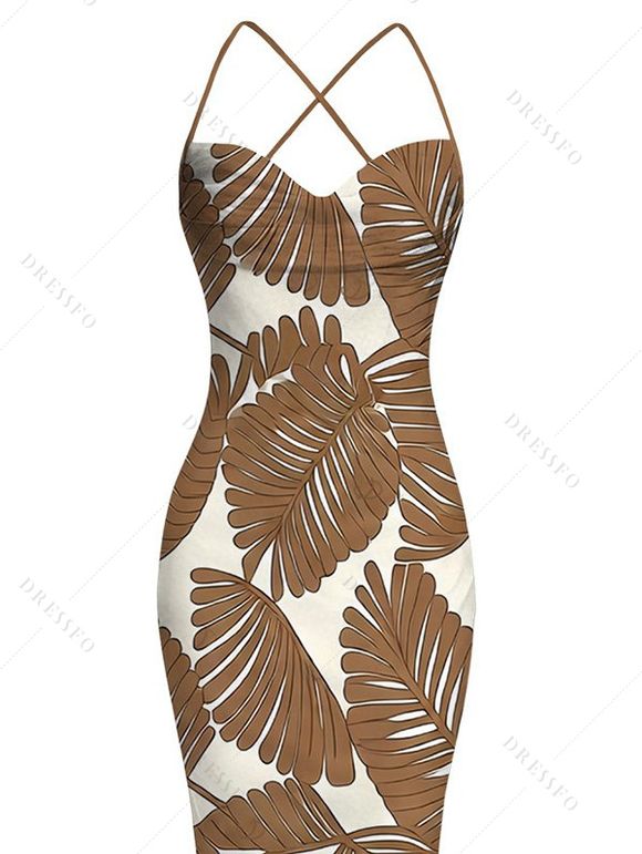 Beach Vacation Dress Tropical Palm Leaf Print Crisscross Ruched Mesh Bodycon Dress - café S | US 4