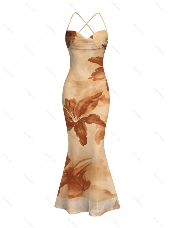 Hawaiian Vacation Dress Lily Floral Print Crisscross Ruched Mesh Bodycon Dress - café lumière XXL | US 14