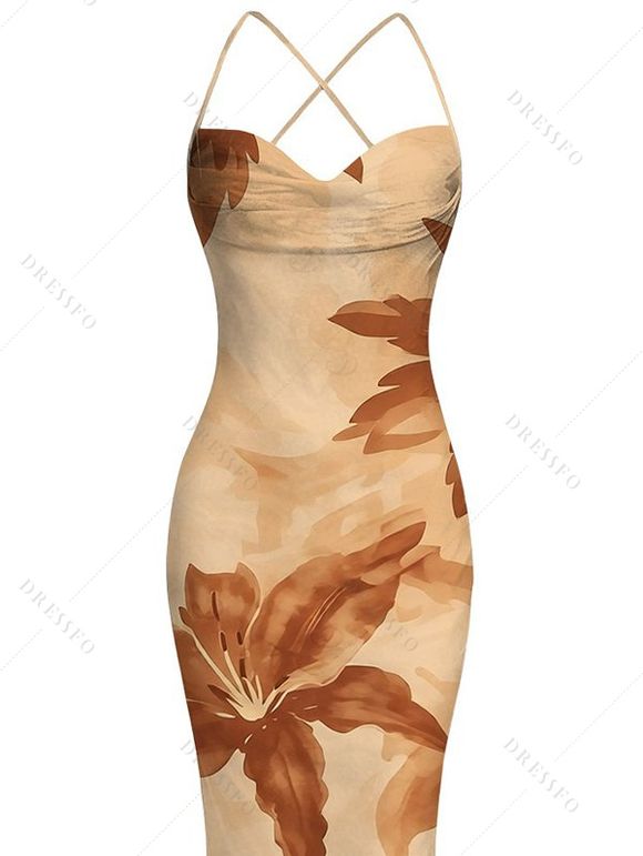 Hawaiian Vacation Dress Lily Floral Print Crisscross Ruched Mesh Bodycon Dress - café lumière XXL | US 14