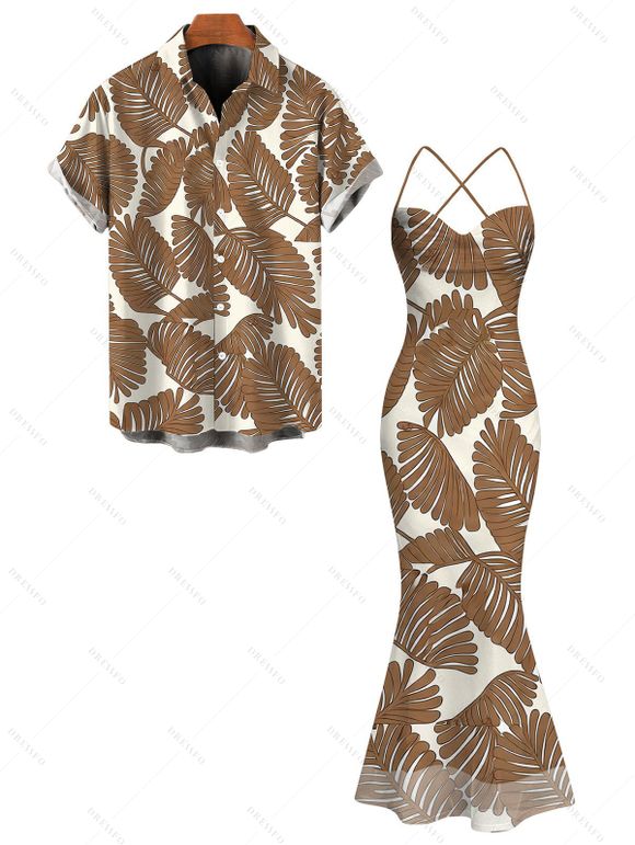 Beach Vacation Couple Outfit Tropical Palm Leaf Print Crisscross Ruched Mesh Bodycon Dress and Short Sleeve Shirt Set - café S | US 4