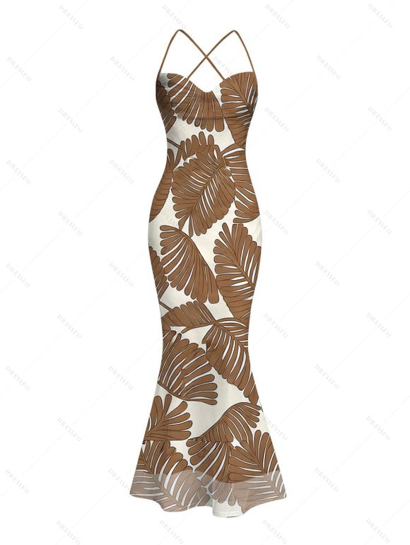 Beach Vacation Couple Outfit Tropical Palm Leaf Print Crisscross Ruched Mesh Bodycon Dress and Short Sleeve Shirt Set - café S | US 4