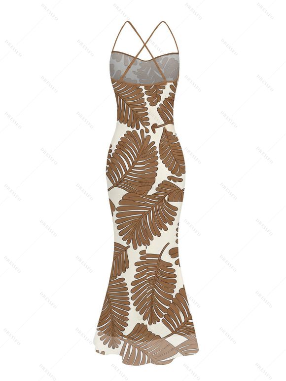 Beach Vacation Couple Outfit Tropical Palm Leaf Print Crisscross Ruched Mesh Bodycon Dress and Short Sleeve Shirt Set - café S | US 4