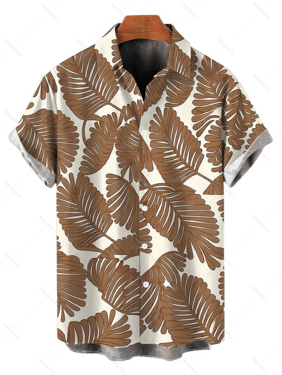 Beach Vacation Couple Outfit Tropical Palm Leaf Print Crisscross Ruched Mesh Bodycon Dress and Short Sleeve Shirt Set - café S | US 4