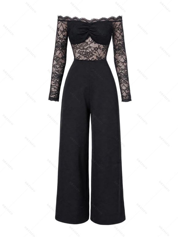 Elegant Jumpsuit Off the Shoulder Scalloped Lace Panel Long Sleeve Jumpsuit - Noir XL | US 12