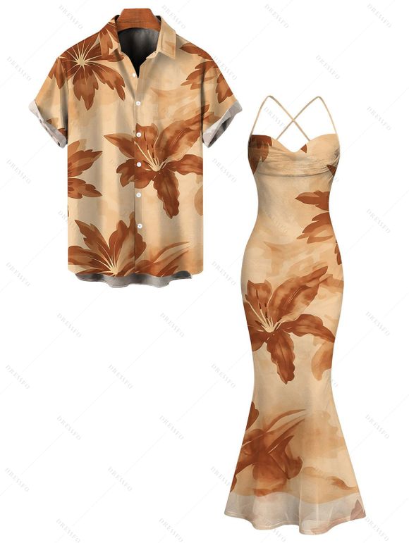 Hawaiian Vacation Couple Outfit Lily Floral Print Crisscross Ruched Mesh Bodycon Dress and Short Sleeve Shirt Set - café lumière S | US 4