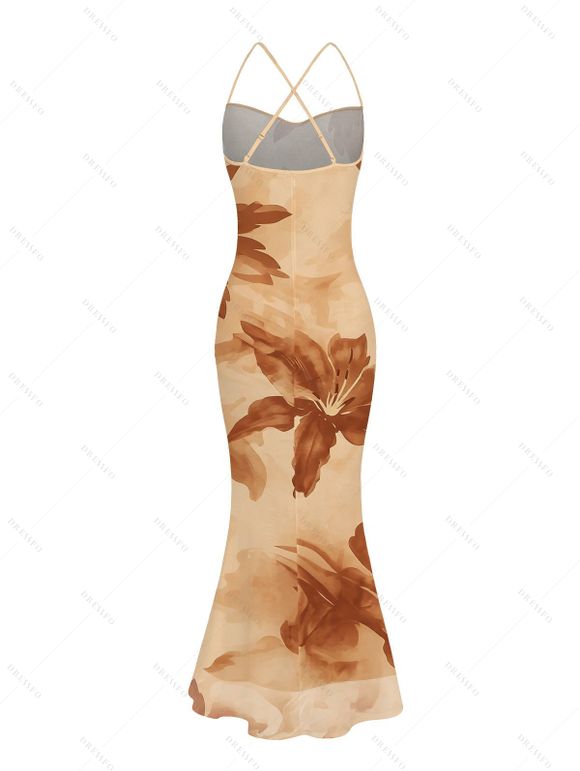 Hawaiian Vacation Couple Outfit Lily Floral Print Crisscross Ruched Mesh Bodycon Dress and Short Sleeve Shirt Set - café lumière S | US 4