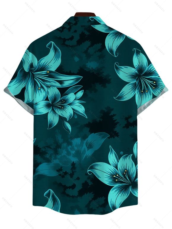 Men's Hawaiian Vacation Shirt Lily Floral Print Button Up Shirt - Turquoise Foncée S