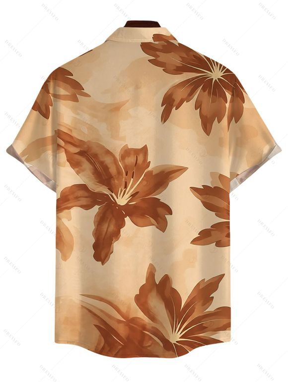 Hawaiian Vacation Couple Outfit Lily Floral Print Crisscross Ruched Mesh Bodycon Dress and Short Sleeve Shirt Set - café lumière S | US 4