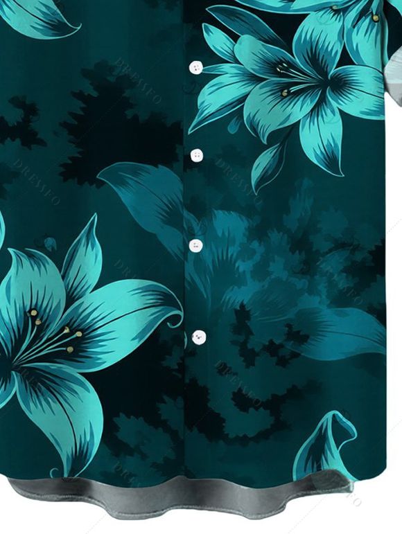Men's Hawaiian Vacation Shirt Lily Floral Print Button Up Shirt - Turquoise Foncée S