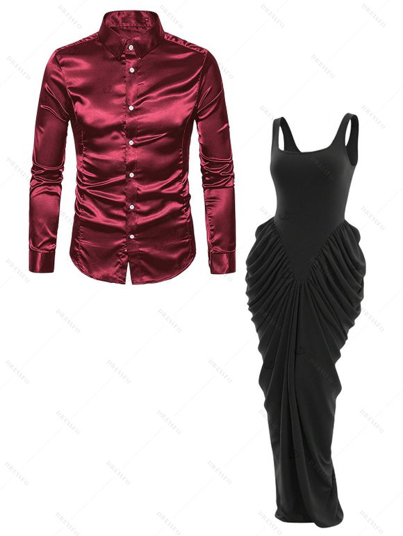 Party Couple Outfit Solid Color Waist Cinched Ruched Bodycon Chiffon Dress and Satin Shirt Set - multicolor S | US 4