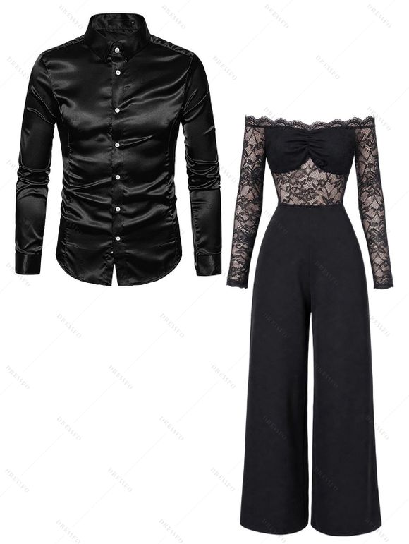 Vintage Party Couple Outfit Off the Shoulder Scalloped Lace Panel Long Sleeve Jumpsuit and Satin Shirt Set - Noir S | US 4
