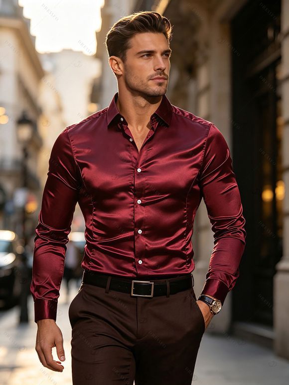 Party Couple Outfit Solid Color Waist Cinched Ruched Bodycon Chiffon Dress and Satin Shirt Set - multicolor S | US 4