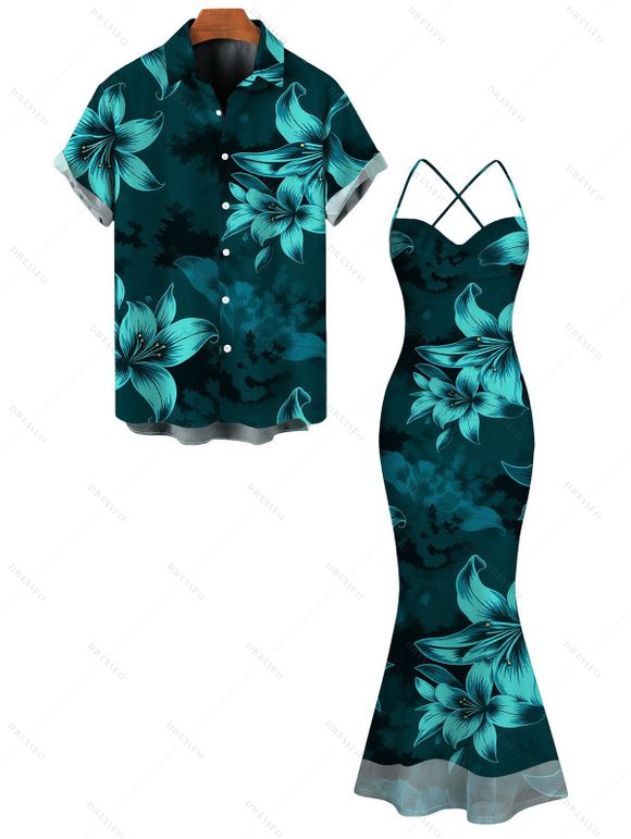 Hawaiian Vacation Couple Outfit Lily Floral Print Crisscross Ruched Mesh Bodycon Dress and Short Sleeve Shirt Set - Turquoise Foncée S | US 4