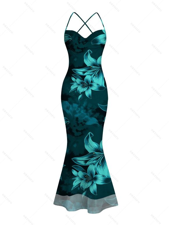 Hawaiian Vacation Couple Outfit Lily Floral Print Crisscross Ruched Mesh Bodycon Dress and Short Sleeve Shirt Set - Turquoise Foncée S | US 4