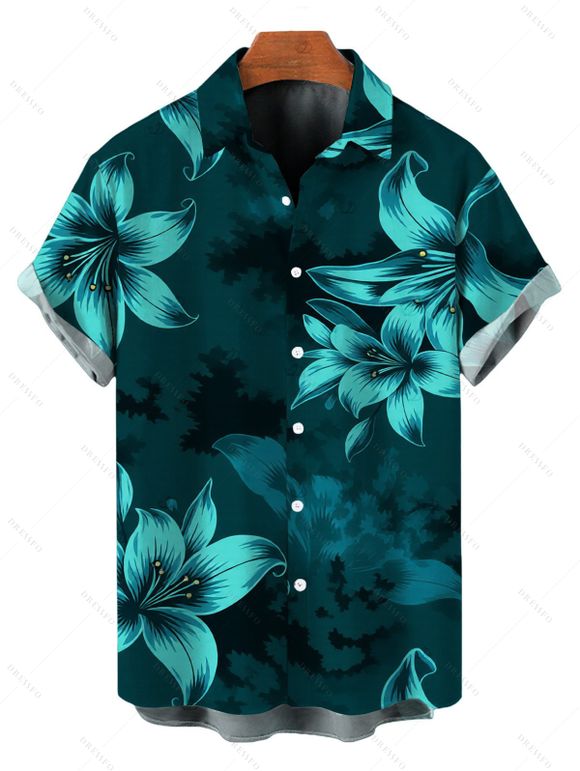 Hawaiian Vacation Couple Outfit Lily Floral Print Crisscross Ruched Mesh Bodycon Dress and Short Sleeve Shirt Set - Turquoise Foncée S | US 4