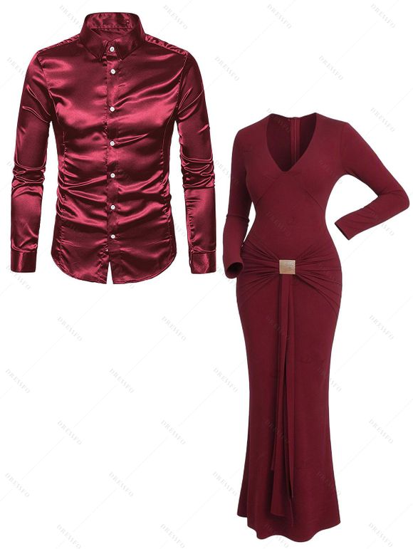 Cocktail Couple Outfit Solid Color Plunging Neck Metal Decor Bodycon Dress and Long Sleeve Shirt Set - Rouge Vineux S | US 4