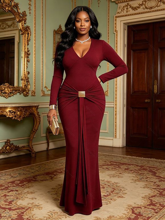 Cocktail Couple Outfit Solid Color Plunging Neck Metal Decor Bodycon Dress and Long Sleeve Shirt Set - Rouge Vineux S | US 4