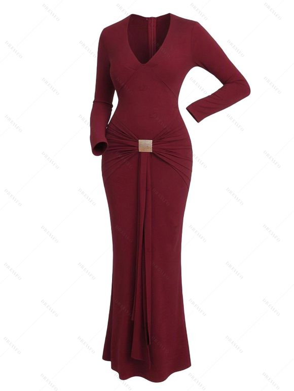 Cocktail Couple Outfit Solid Color Plunging Neck Metal Decor Bodycon Dress and Long Sleeve Shirt Set - Rouge Vineux S | US 4