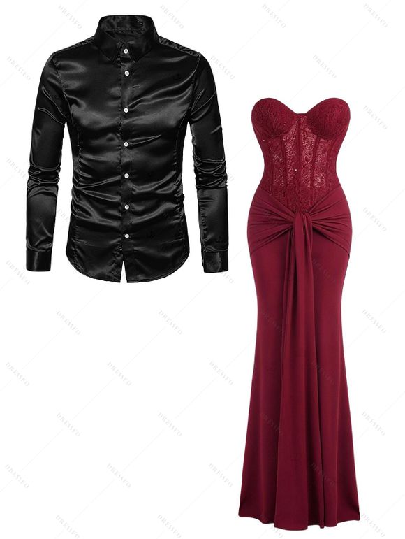 Party Couple Outfit Off the Shoulder Sash Solid Color Bodycon Maxi Dress and Satin Shirt Set - multicolor S | US 4