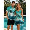 Vacation Style Coconut Printed Strapless Dress with Mens Short Sleeve Shirt and Mens Beach Pants Three Piece Set