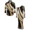Vintage Couple Outfit Colorblock Geometric Diagonal Stripe Print Skew Neck Mesh Bodycon Dress and Long Sleeve Shirt Set - Brun S | US 4