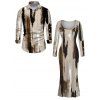 Winter Couple Outfit Art Graffiti Ink Wash Print Scoop Neck Bodycon Dress and Long Sleeve Shirt Set - Brun S | US 4
