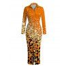Winter Couple Outfit Ombre Leopard Sequin Print Ruched Turn Down Collar Button Up Bodycon Shirt Dress and Long Sleeve Shirt Set - Orange Foncé S | US 4