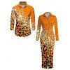 Winter Couple Outfit Ombre Leopard Sequin Print Ruched Turn Down Collar Button Up Bodycon Shirt Dress and Long Sleeve Shirt Set - Orange Foncé S | US 4