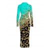 Winter Couple Outfit Ombre Leopard Sequin Print Ruched Turn Down Collar Button Up Bodycon Shirt Dress and Long Sleeve Shirt Set - Turquoise S | US 4