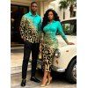 Winter Couple Outfit Ombre Leopard Sequin Print Ruched Turn Down Collar Button Up Bodycon Shirt Dress and Long Sleeve Shirt Set - Turquoise S | US 4