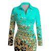 Winter Couple Outfit Ombre Leopard Sequin Print Ruched Turn Down Collar Button Up Bodycon Shirt Dress and Long Sleeve Shirt Set - Turquoise S | US 4