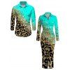 Winter Couple Outfit Ombre Leopard Sequin Print Ruched Turn Down Collar Button Up Bodycon Shirt Dress and Long Sleeve Shirt Set - Turquoise S | US 4