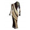 Vintage Dress Colorblock Geometric Diagonal Stripe Print Skew Neck Mesh Long Sleeve Bodycon Dress - Brun S | US 4
