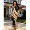 Vintage Dress Colorblock Geometric Diagonal Stripe Print Skew Neck Mesh Long Sleeve Bodycon Dress - Brun S | US 4