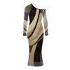 Vintage Dress Colorblock Geometric Diagonal Stripe Print Skew Neck Mesh Long Sleeve Bodycon Dress - Brun XXL | US 14