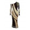 Vintage Dress Colorblock Geometric Diagonal Stripe Print Skew Neck Mesh Long Sleeve Bodycon Dress - Brun XXL | US 14